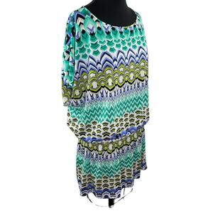 LA BLANCA Green Multi Chevron Print Swim Coverup Dress Tunic Beach Split Back L